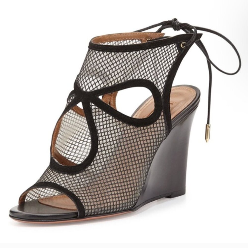 Aquazzura Sexy Thing Suede Wedges Heeled Sandals Open Toe Mesh Black Size 7.5 - Picture 11 of 12